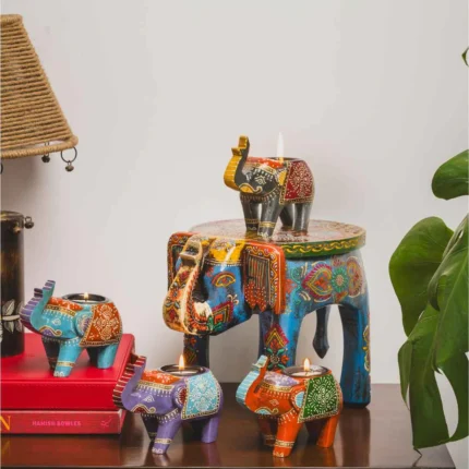 Blue Decorative Elephant & Candle Holder Set